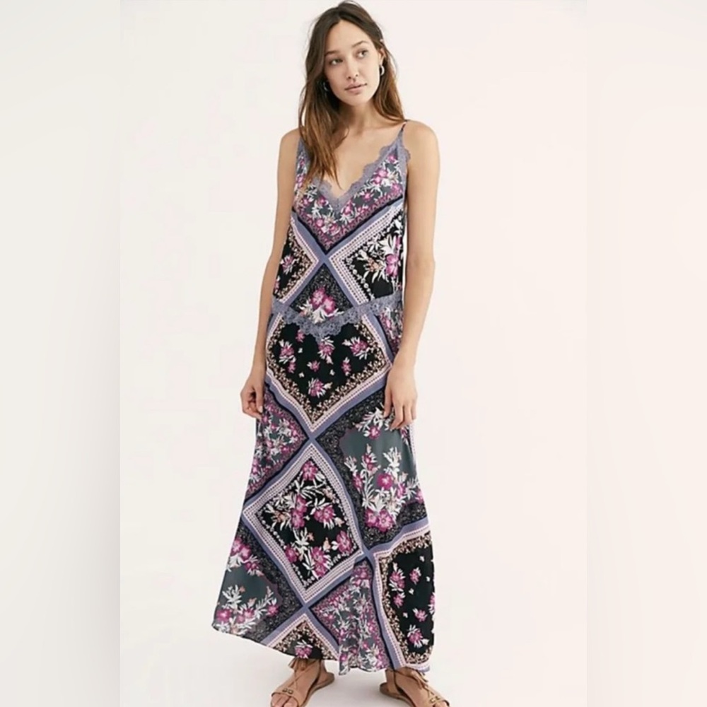 Free People Stevie Lace Print Maxi Dress Graphite Size S NWOT RARE